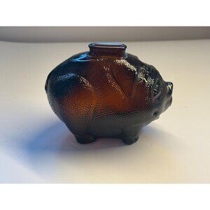 Vintage Anchor Hocking Smiling Pig Glass Coin Bank – Amber Brown Textured Glass